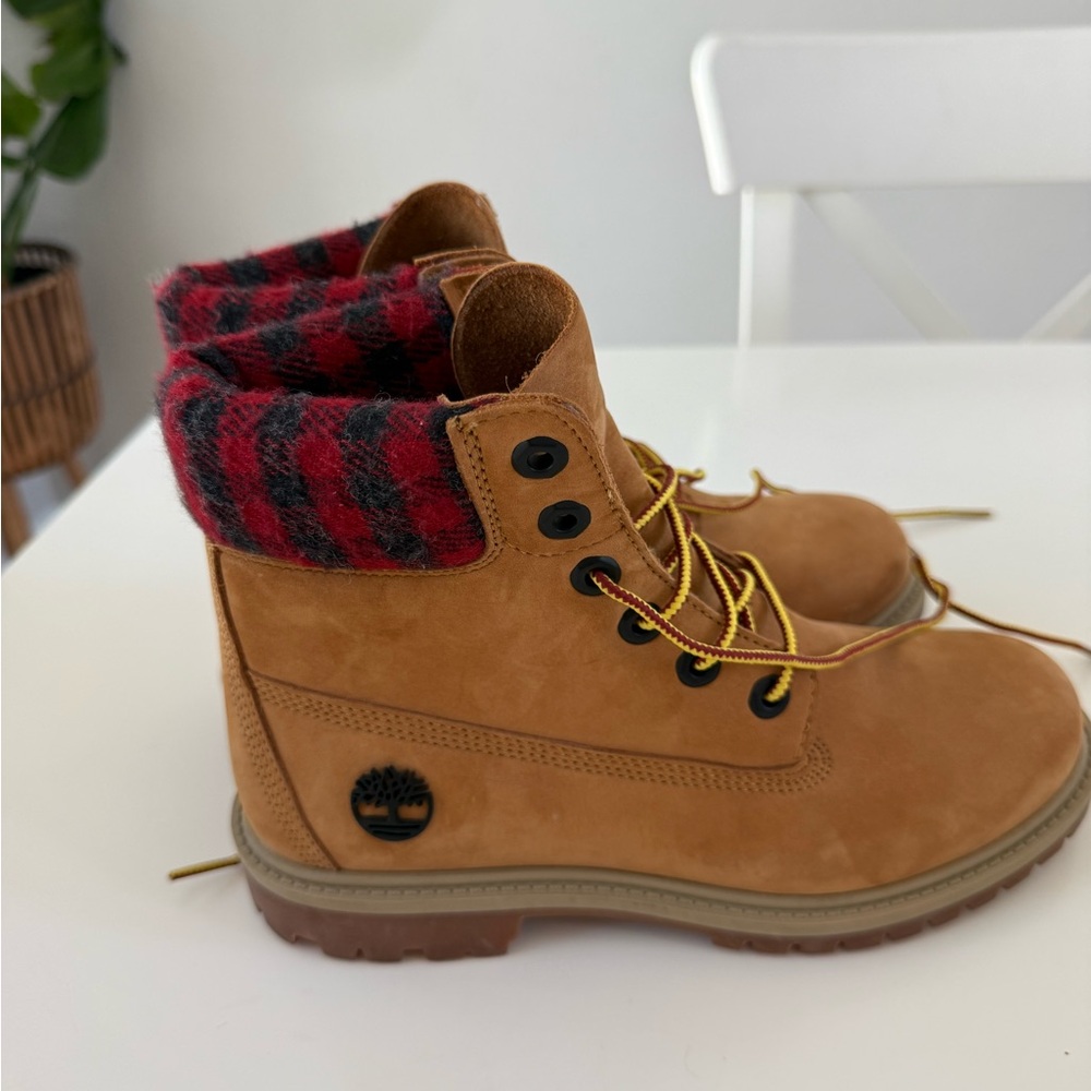 Timberland Tan Nubuck Boots with Red and Black Plaid Collar